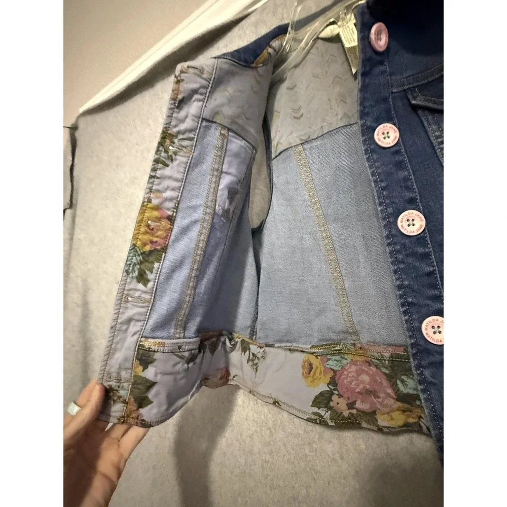 Matilda Jane Vest Girls 8 Blue Denim Button Pockets Ruffle Hem Floral Lined‎
